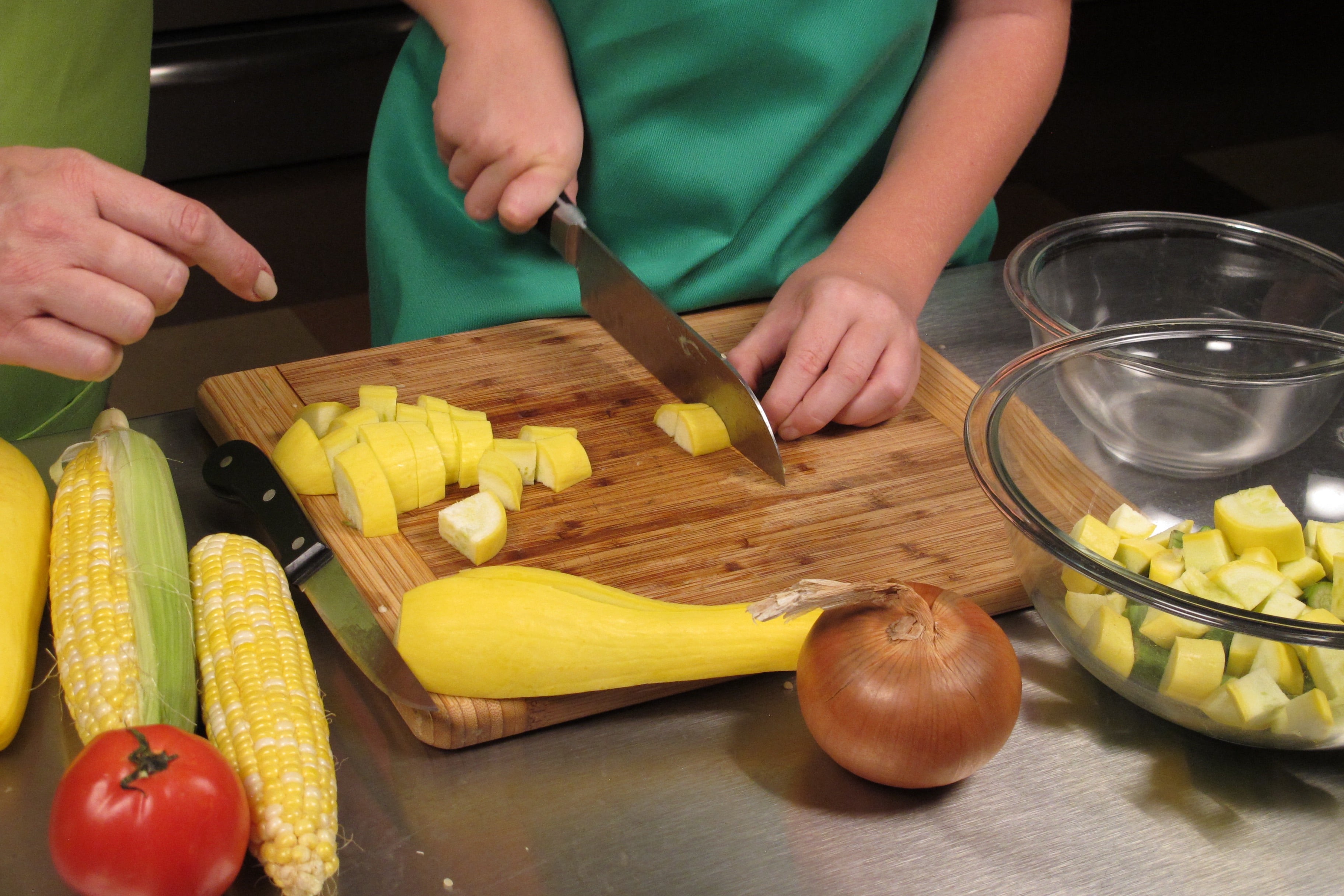 (continued) Slice squash, okra, or other chosen vegetables into small but not tiny pieces